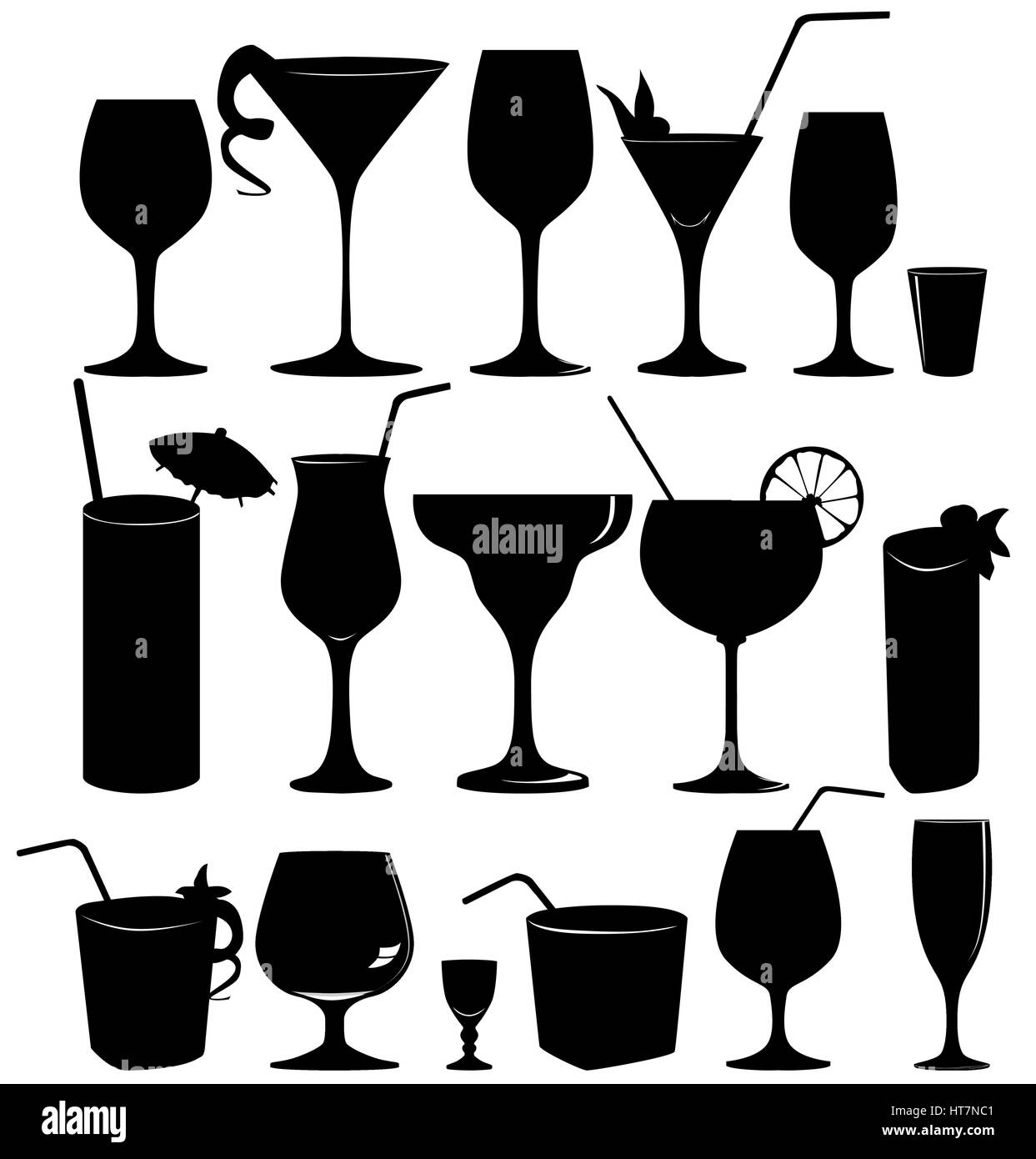 Cocktail wineglass silhouette segno. bere cocktail di set di vetro. Illustrazione Vettoriale