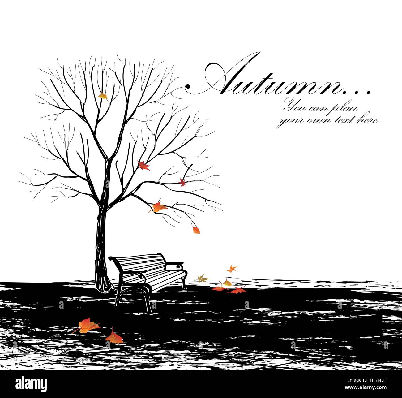 Panchina nel parco in autunno. autunno sfondo con panca e albero. schizzo wallpaper concetto con copia spazio. Illustrazione Vettoriale