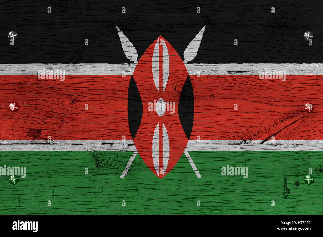 Kenya bandiera nazionale dipinta sul vecchio legno di quercia. La pittura è colorato su tavole di vagone ferroviario. Fissaggio tramite viti o bulloni. Foto Stock