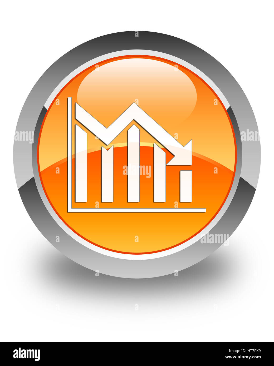 Statistiche icona giù isolate su arancio lucido pulsante rotondo illustrazione astratta Foto Stock