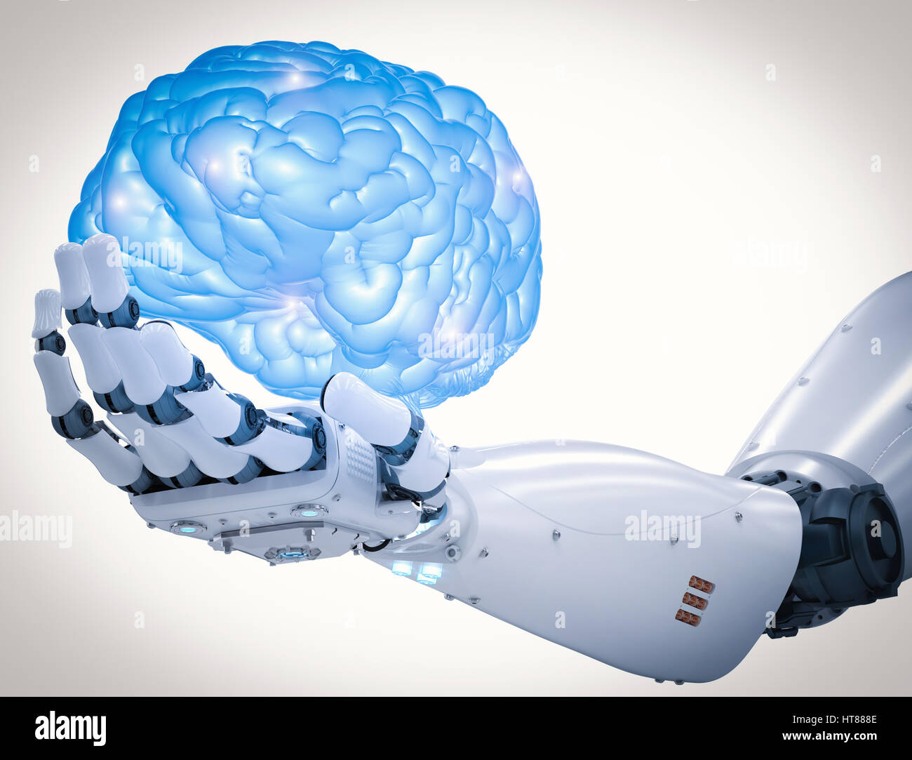 3D rendering mano robotica azienda cervello lucido Foto Stock
