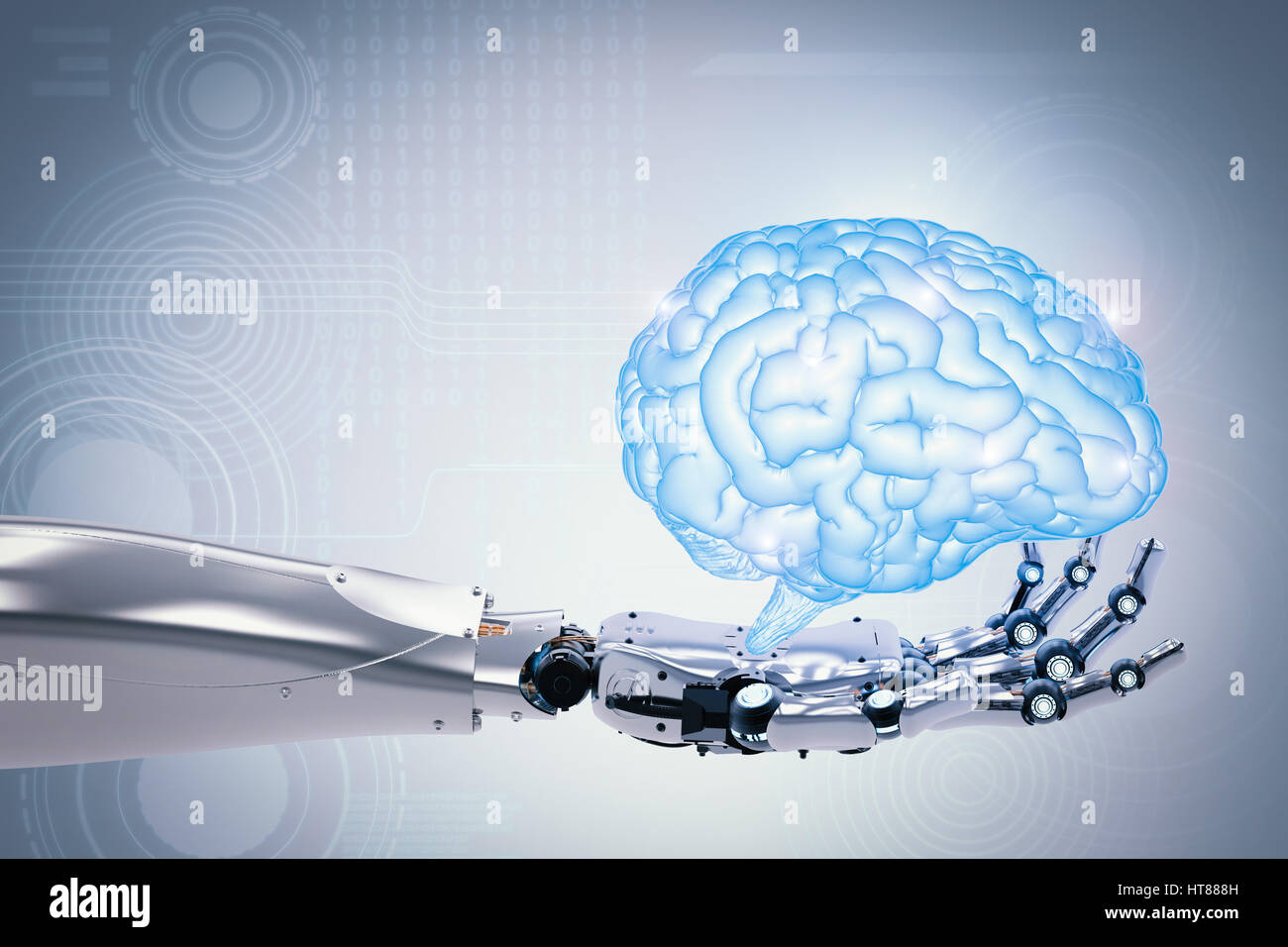 3D rendering mano robotica azienda cervello lucido Foto Stock