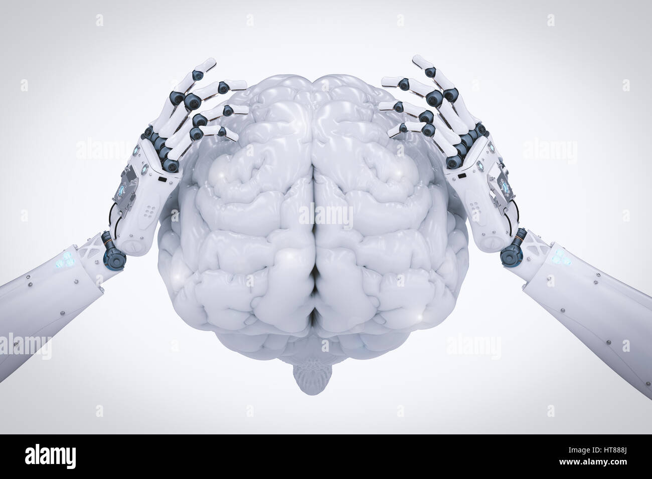 3D rendering mano robotica azienda cervello lucido Foto Stock