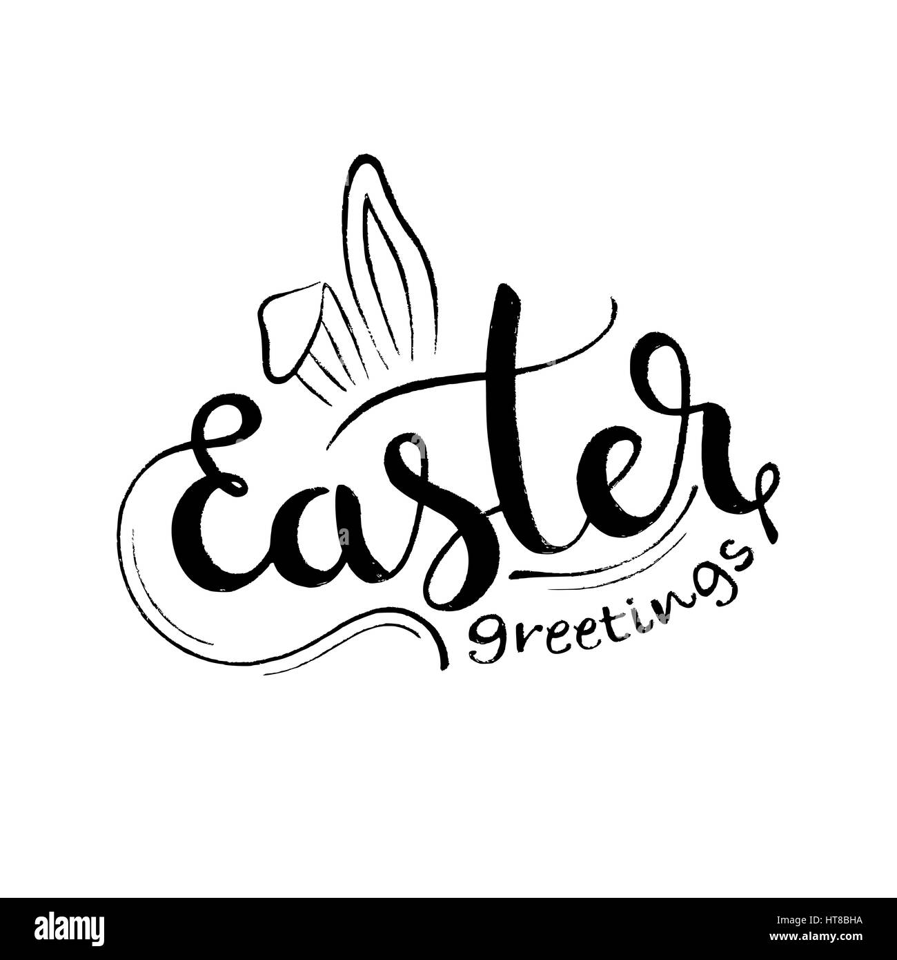 Auguri di buona Pasqua lettere scritte a mano. Vettore moderno disegnato a mano con calligrafia orecchie di coniglio isolato su sfondo bianco per il vostro design Illustrazione Vettoriale