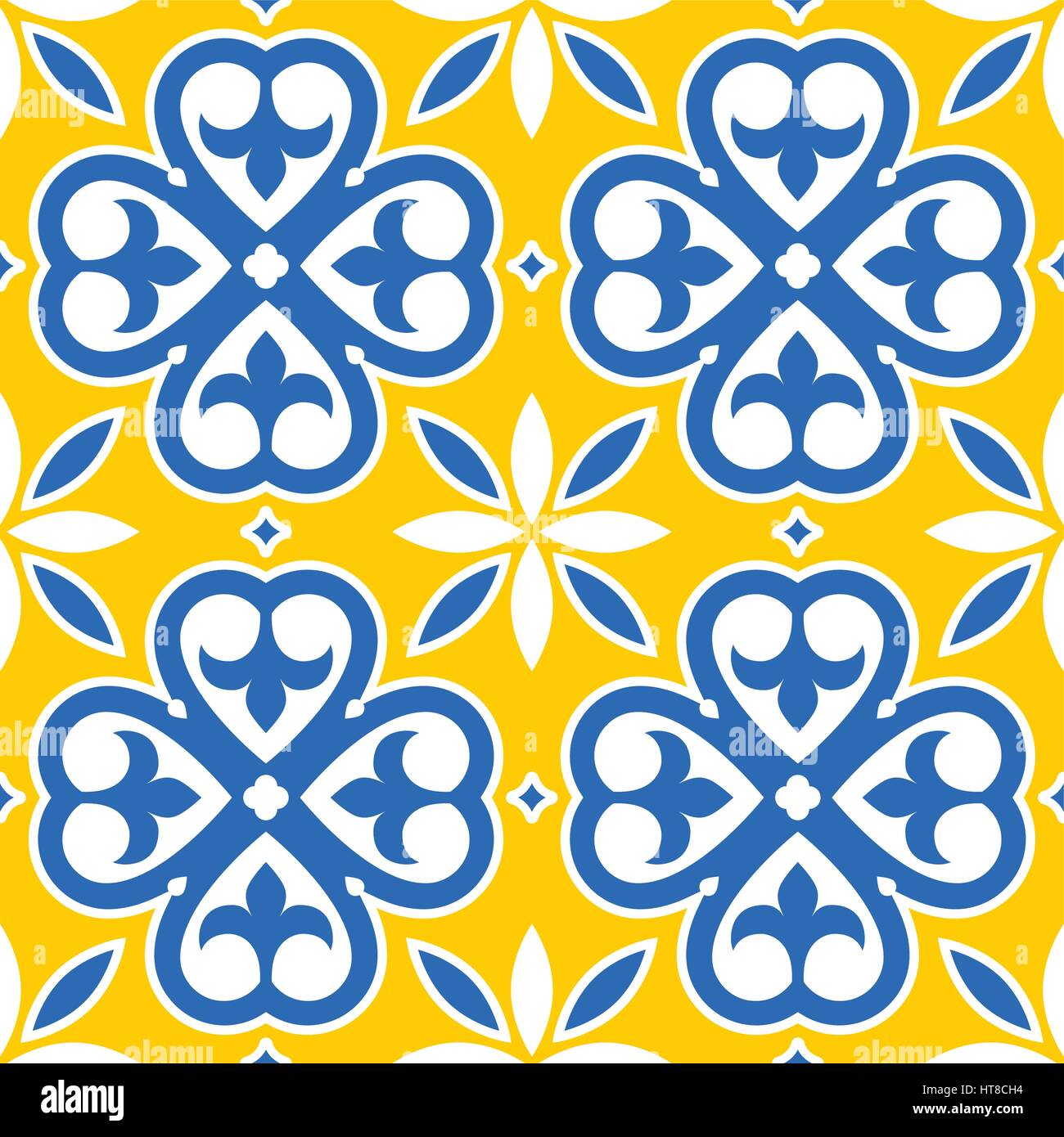 Piastrelle spagnolo pattern, Marocchina e piastrelle portoghesi seamless design in blu scuro e giallo Illustrazione Vettoriale