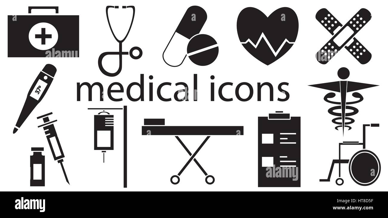 In bianco e nero serie di icone mediche vettore isolato in uno sfondo bianco. Illustrazione Vettoriale