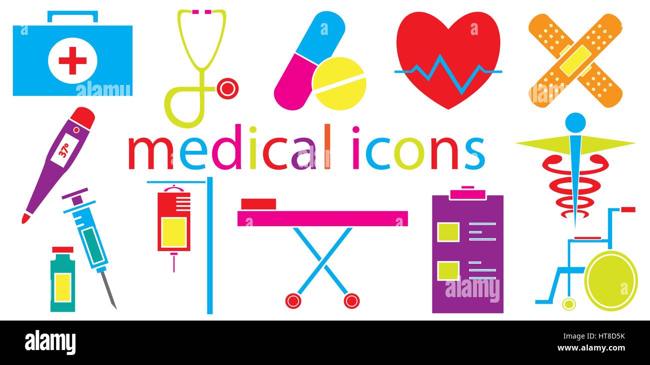Colorato set di icone mediche vettore isolato in uno sfondo bianco. Illustrazione Vettoriale