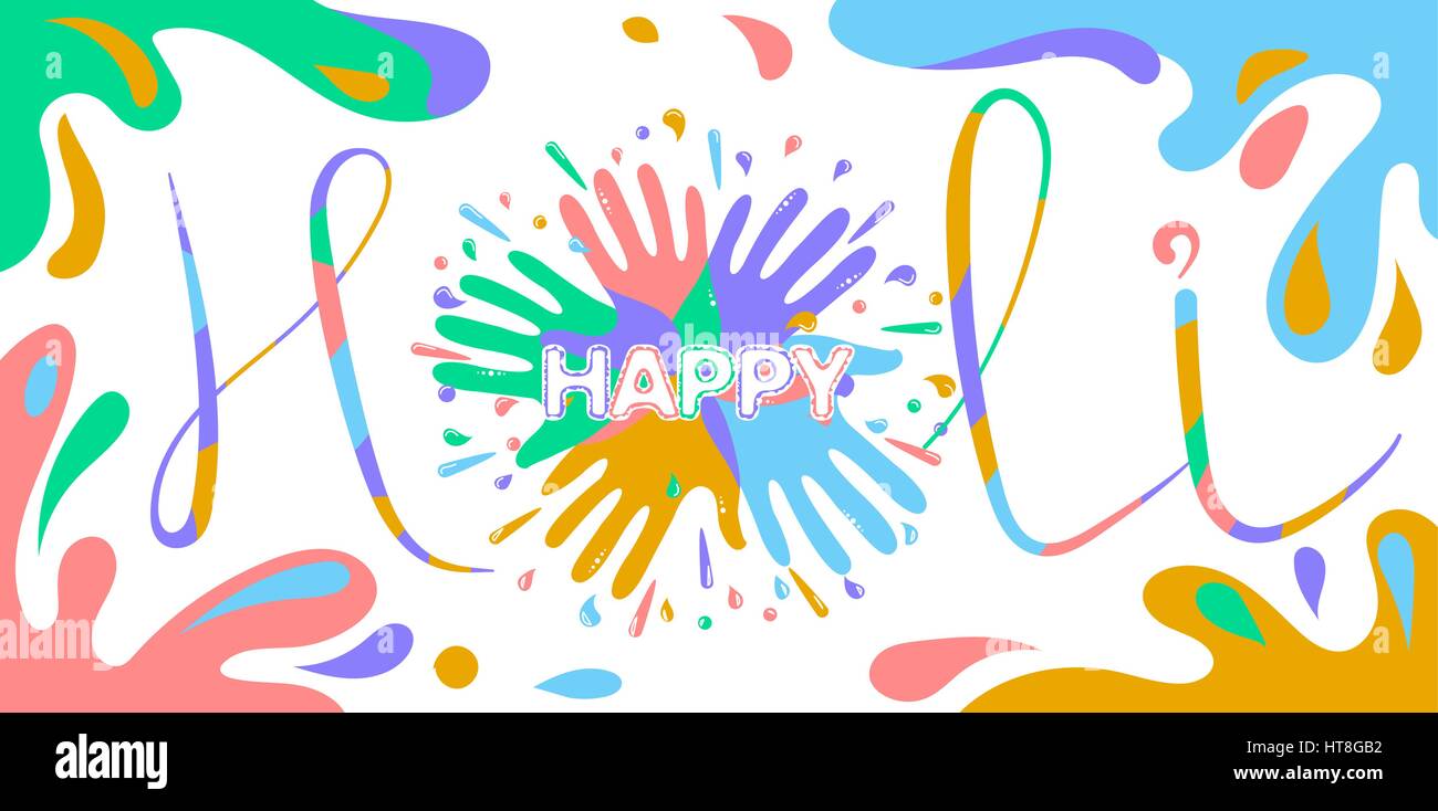 Banner sulla festa di santo, in forma di mani colorate e spruzzi. lettering happy holi. Icona di un tipo piatto Illustrazione Vettoriale