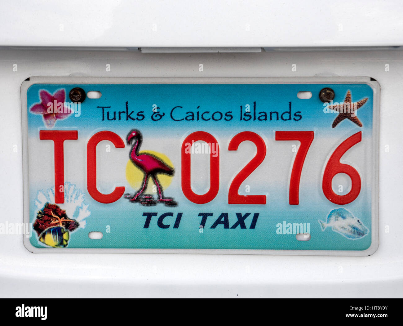 Licenza di registrazione Tag piastra di Turks e Caicos Taxi veicolo sul Grand Turk Foto Stock