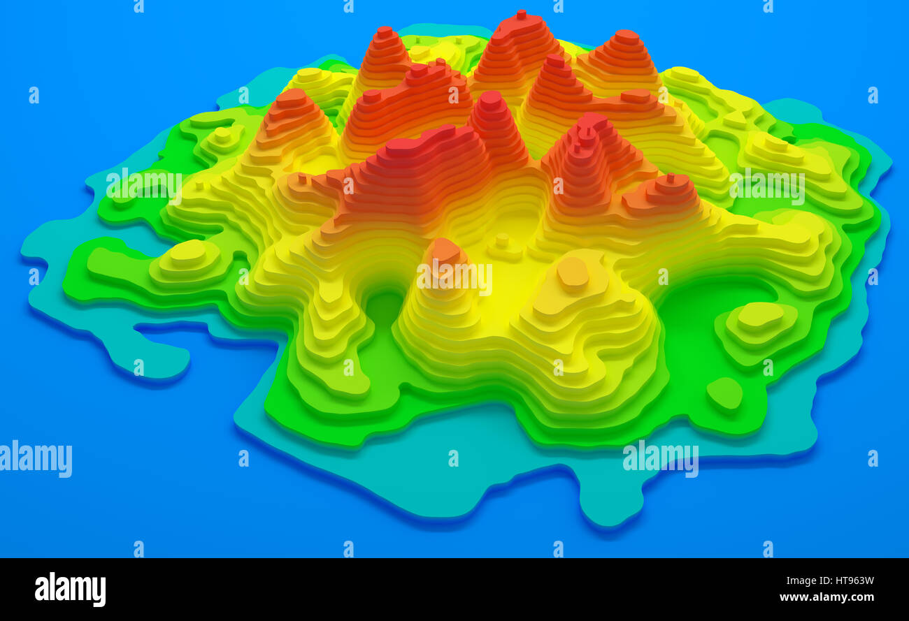 3D'illustrazione. Mappa topografica di un'isola. Alzata in colori dal blu al rosso. Foto Stock