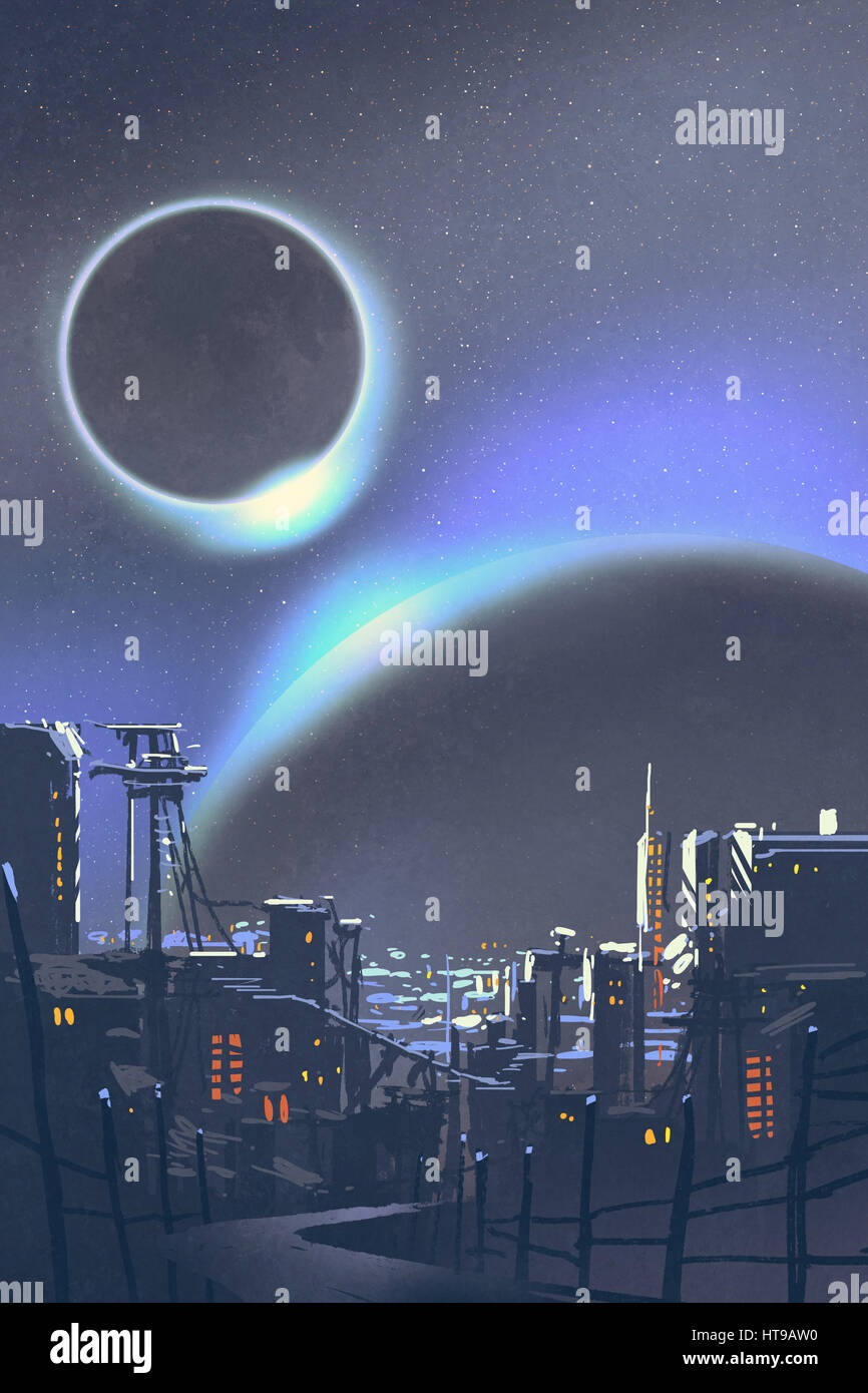 Illustrazione della futuristica città con i pianeti e le eclissi solare su sfondo,pittura digitale Foto Stock