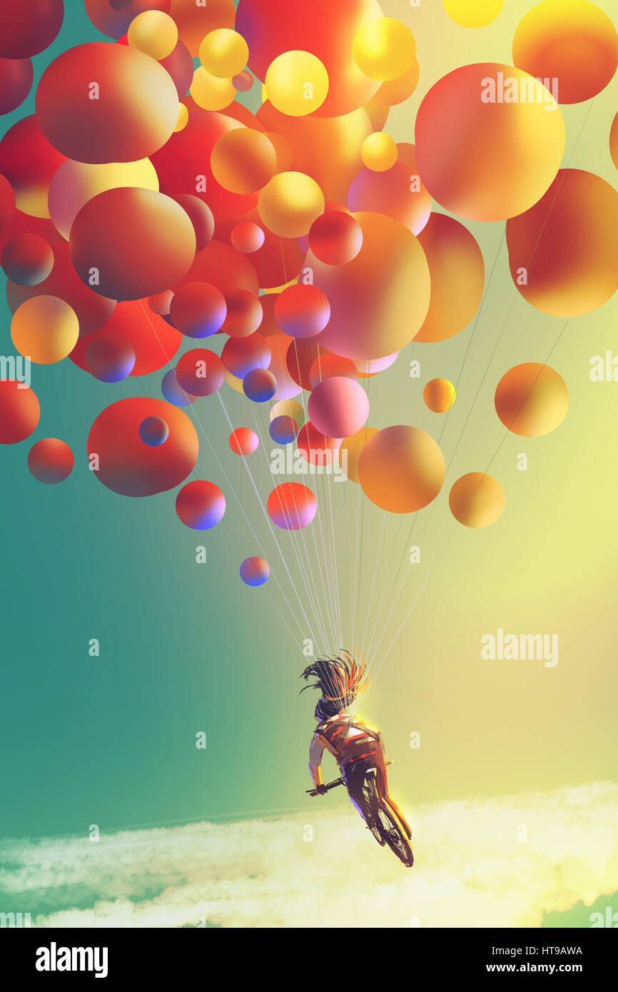 Donna con palloncini colorati in sella moto nel cielo, illustrazione pittura Foto Stock
