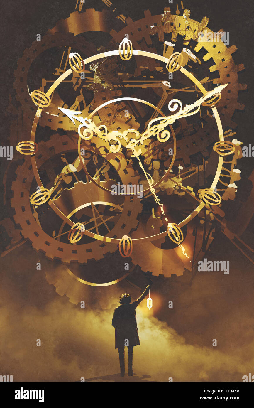 Uomo con una lanterna in piedi di fronte ad un grande orologio d'oro,illustrazione pittura Foto Stock