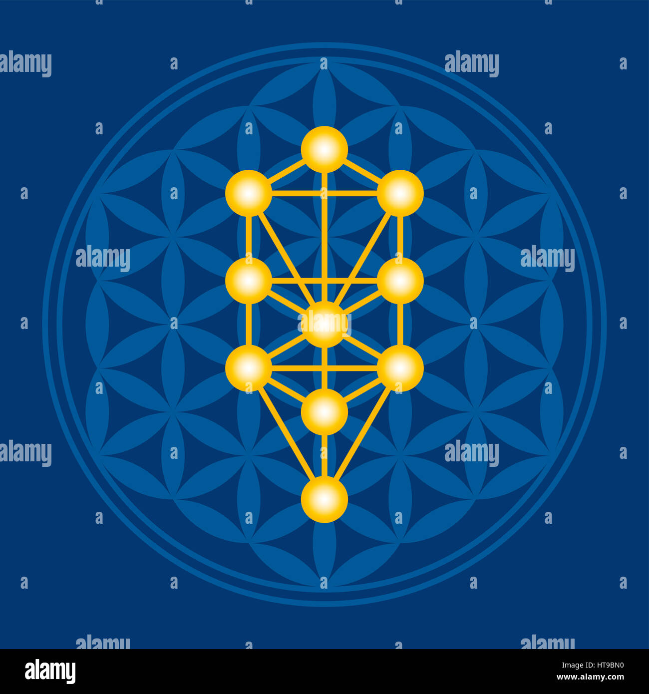 Golden Tree in blu fiore della vita su blu scuro. Kabbalah Sephirots in un antico simbolo del mandala composto da cerchi di sovrapposizione. Foto Stock