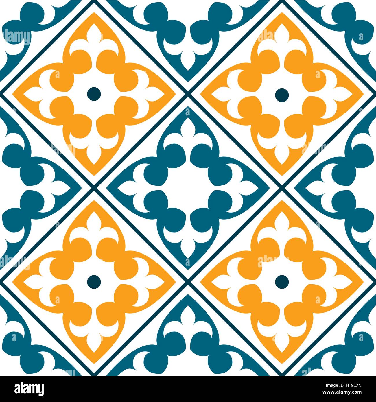 Piastrelle spagnolo pattern, portoghese o piastrelle marocchine, design seamless in verde scuro e arancio - Azulejo Illustrazione Vettoriale