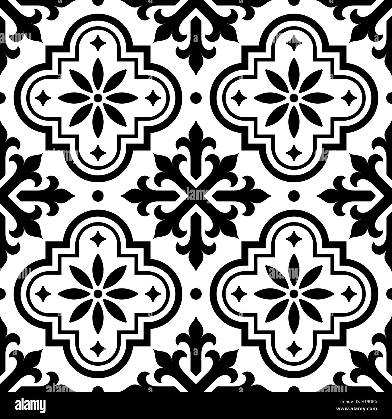 Piastrelle spagnolo pattern, piastrelle marocchine, design seamless nero e sfondo bianco - Azulejo Illustrazione Vettoriale