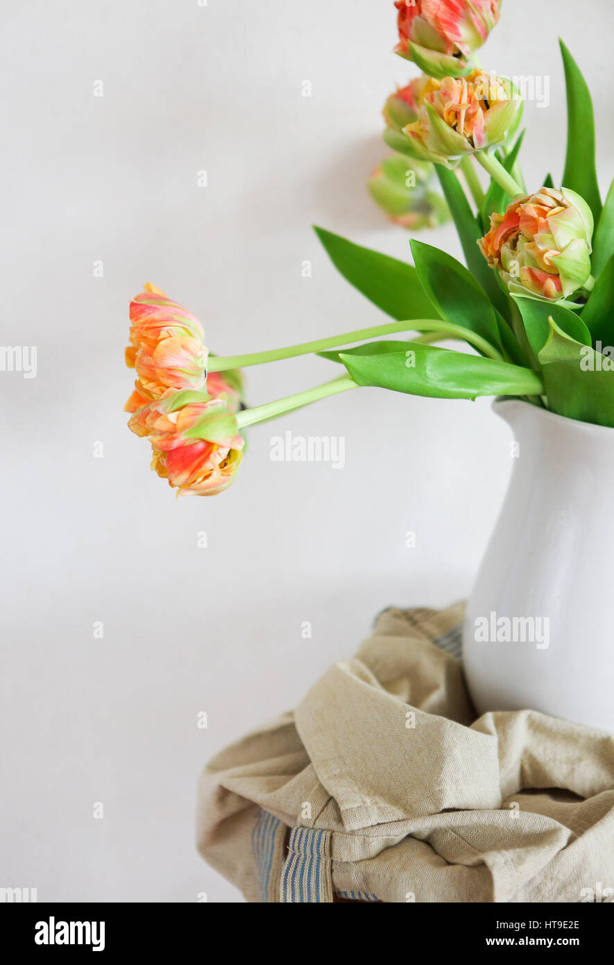 Ancora in vita con i tulipani mazzo di fiori in vaso bianco sul rustico in legno sedia Foto Stock