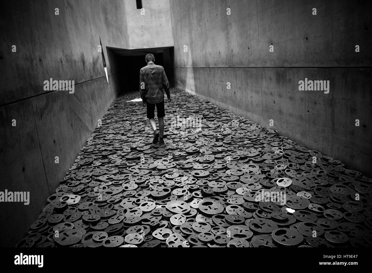 Berlino. Germania. Il Museo ebraico. Shalekhet (caduta foglie) arte di installazione nella memoria Void, dall artista israeliano Menashe Kadishman consiste di oltre 10 Foto Stock