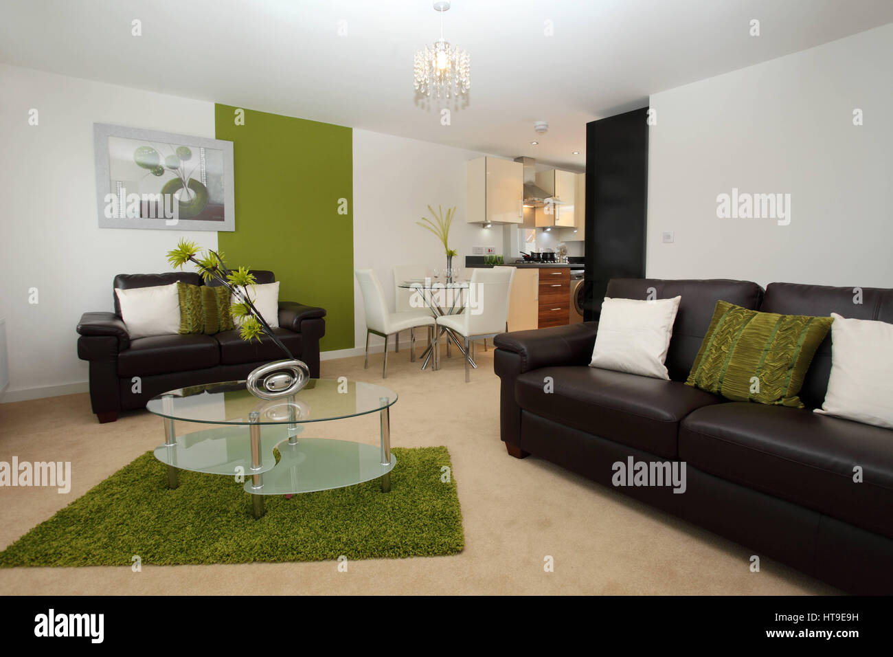 Interno dell appartamento, moderno lounge/cucina/zona pranzo, soggiorno, spazio, zona pranzo, tappeto verde, tabella di caffè di vetro, Foto Stock