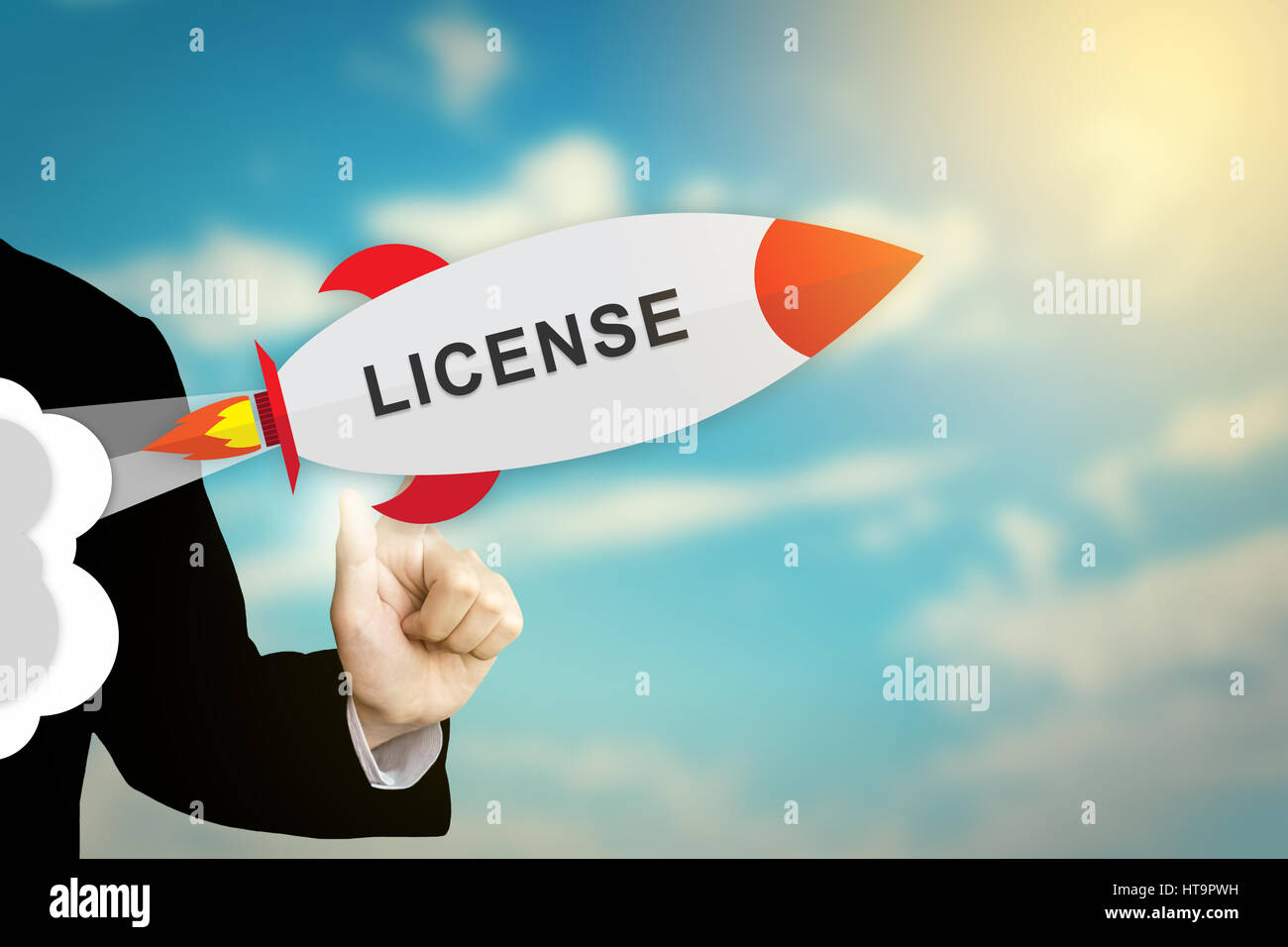 Mano di business facendo clic su licenza design piatto rocket Foto Stock