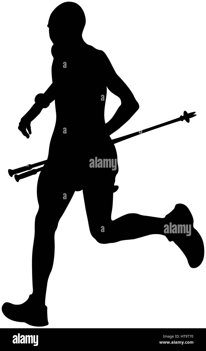 Uomo correre la maratona di montagna laghetto in mano trekking pole silhouette nera Foto Stock
