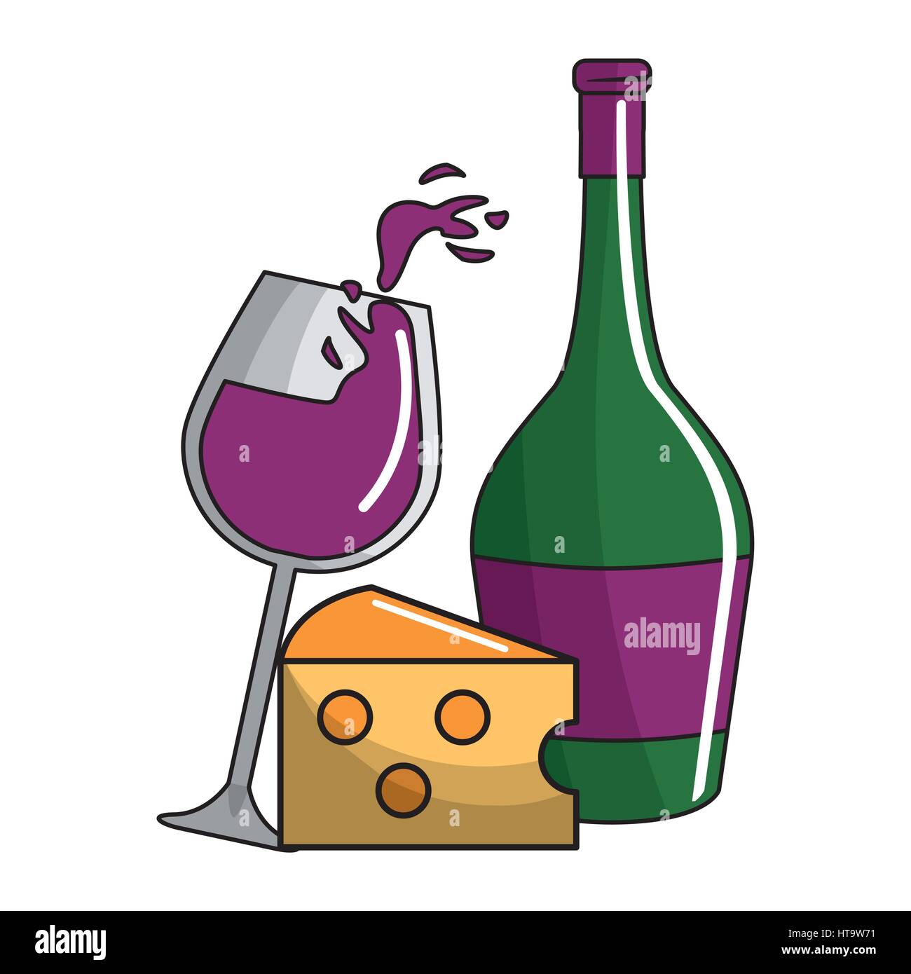 Spruzzi di vetro e le bottiglie di vino e formaggio icona Illustrazione Vettoriale