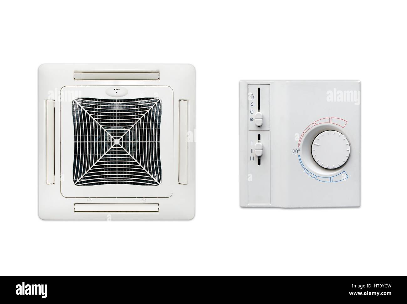 Soffitto condizionatore d'aria e termostato impostato isolati su sfondo bianco Foto Stock