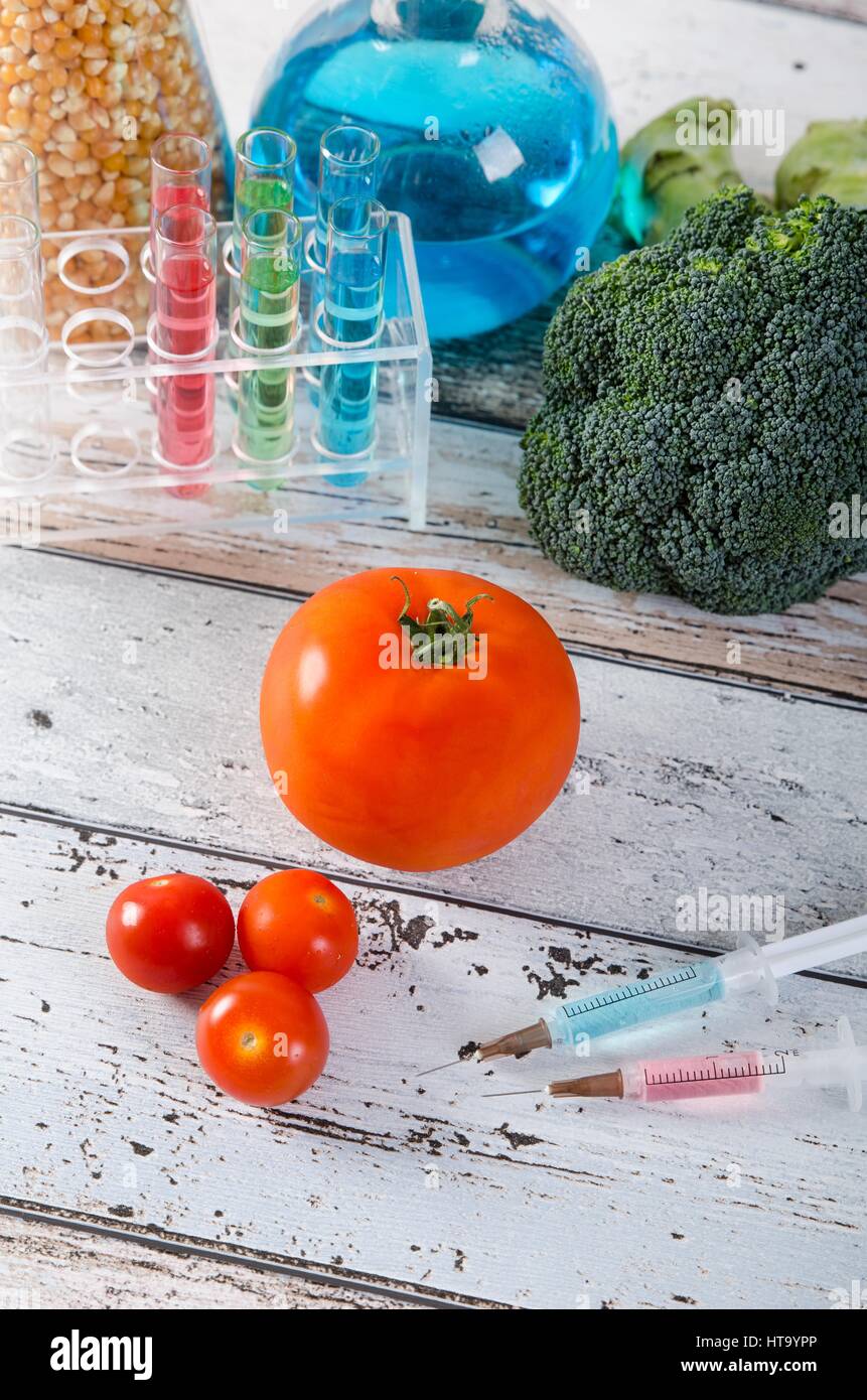 La siringa e il pomodoro. Alimenti geneticamente modificati concetto Foto Stock
