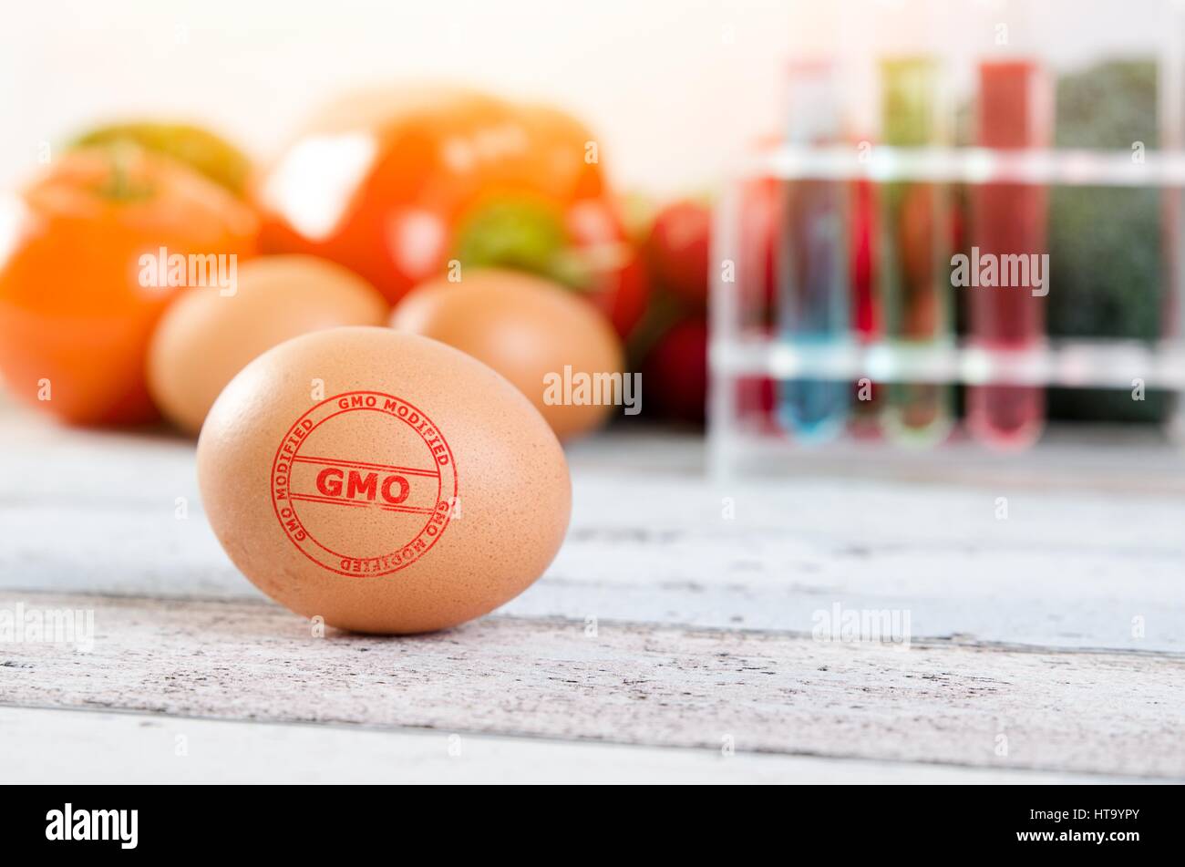 Chiudere fino a base di uova con OGM timbro modificati. Alimenti geneticamente modificati il concepimento Foto Stock