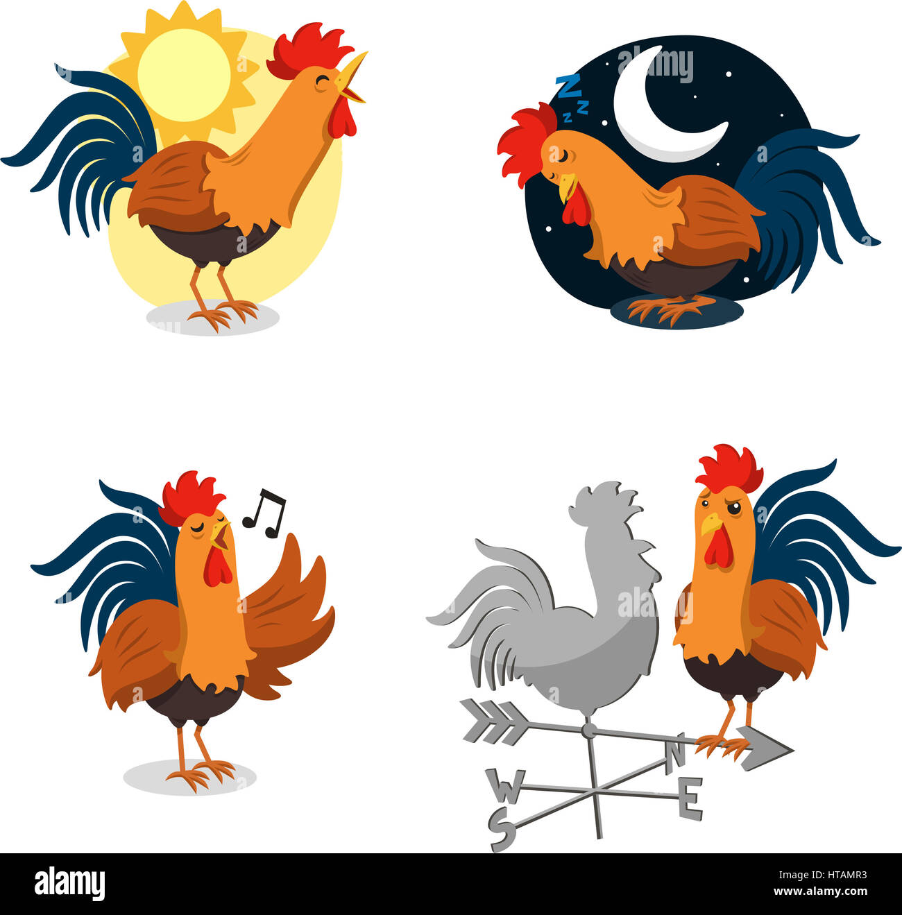 La Rooster Set, con il canto del gallo, dormendo Rooster, il canto del gallo all'alba e Rooster Staering in corrispondenza di un tempo di gallo di vena. Illustrazione Vettoriale Carto Foto Stock