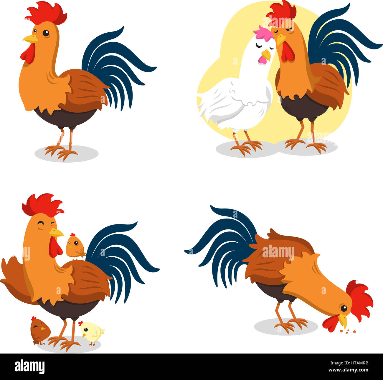 Set di gallo, con piedi IL GALLO, ROOSTER con Hen, Rooster con pollo e mangiare la Rooster. Illustrazione Vettoriale cartoon. Foto Stock