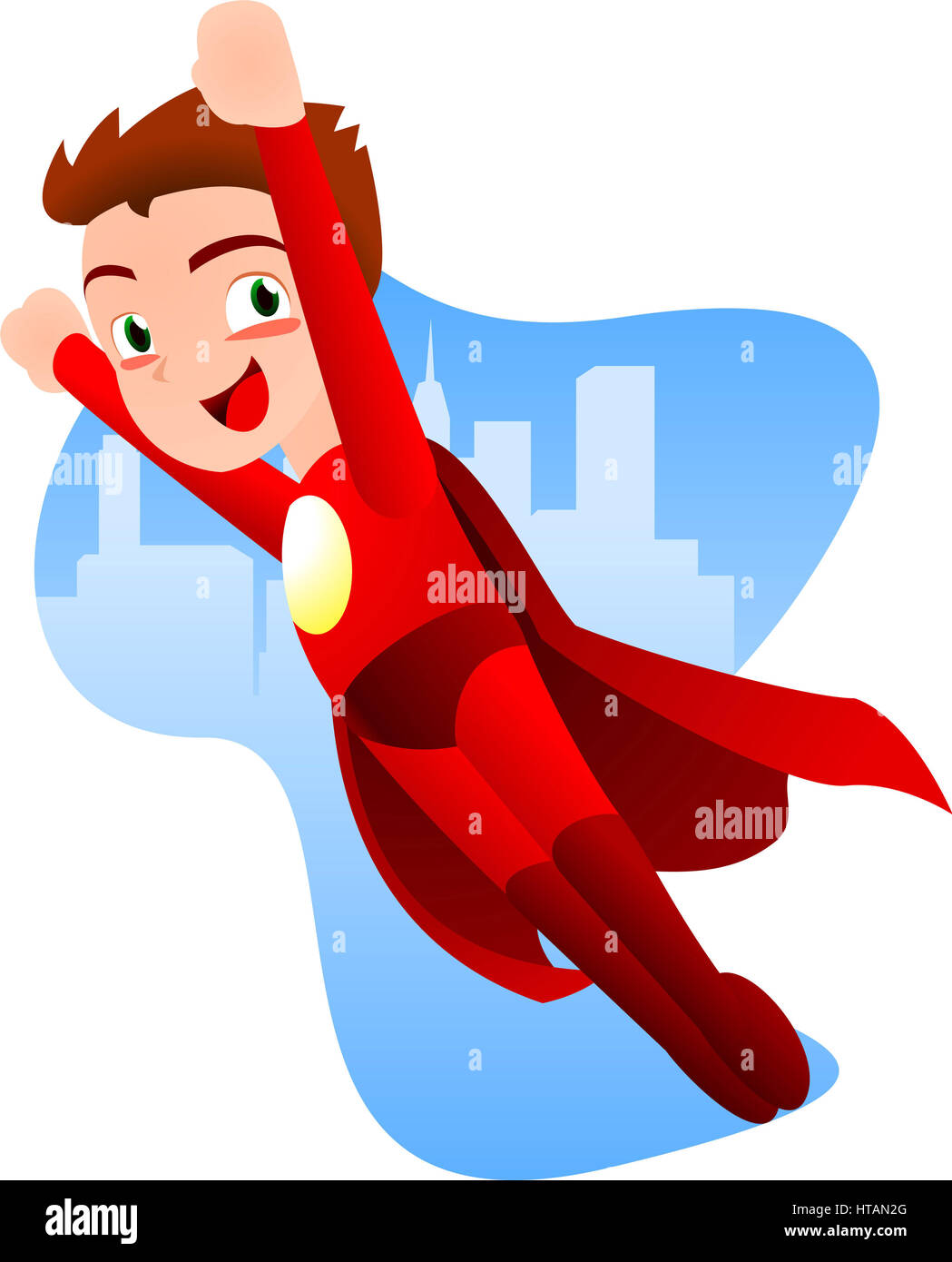 Il supereroe boy battenti pronto a lavorare con una luce blu sullo sfondo della città illustrazione vettoriale. Con il costume rosso e red cape, sorridente eroe. Foto Stock