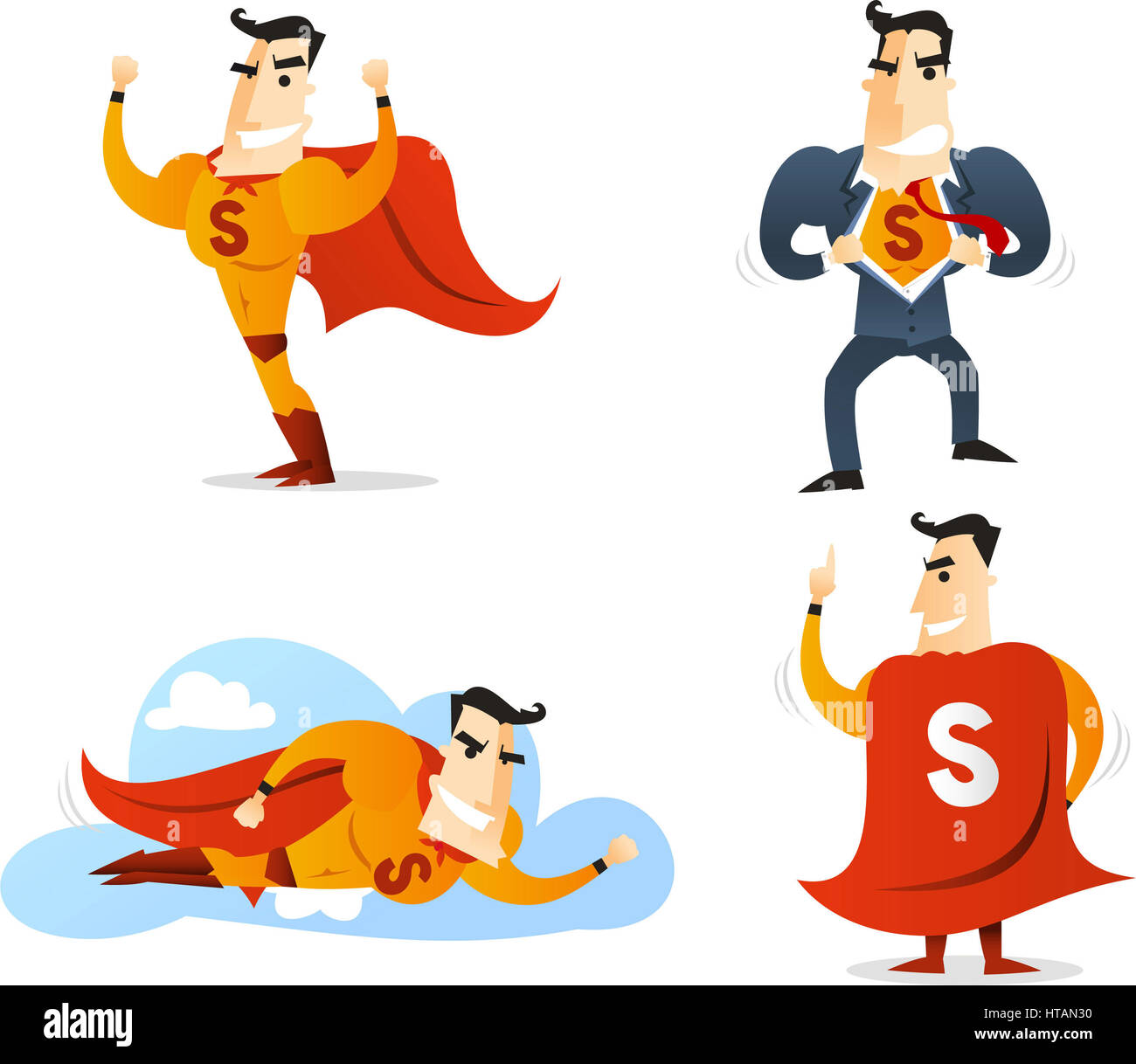 Carattere di supereroi in quattro diverse pose e situazioni, mostrare, vista posteriore, conversione e battenti illustrazione vettoriale. Con red cape, giallo s Foto Stock