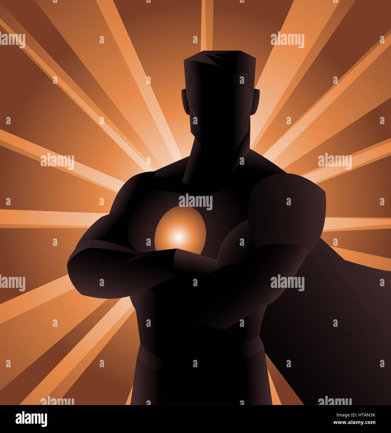 Il supereroe ombra vista frontale con bracci incrociati e splendente poteri dietro di lui. Illustrazione Vettoriale. Foto Stock