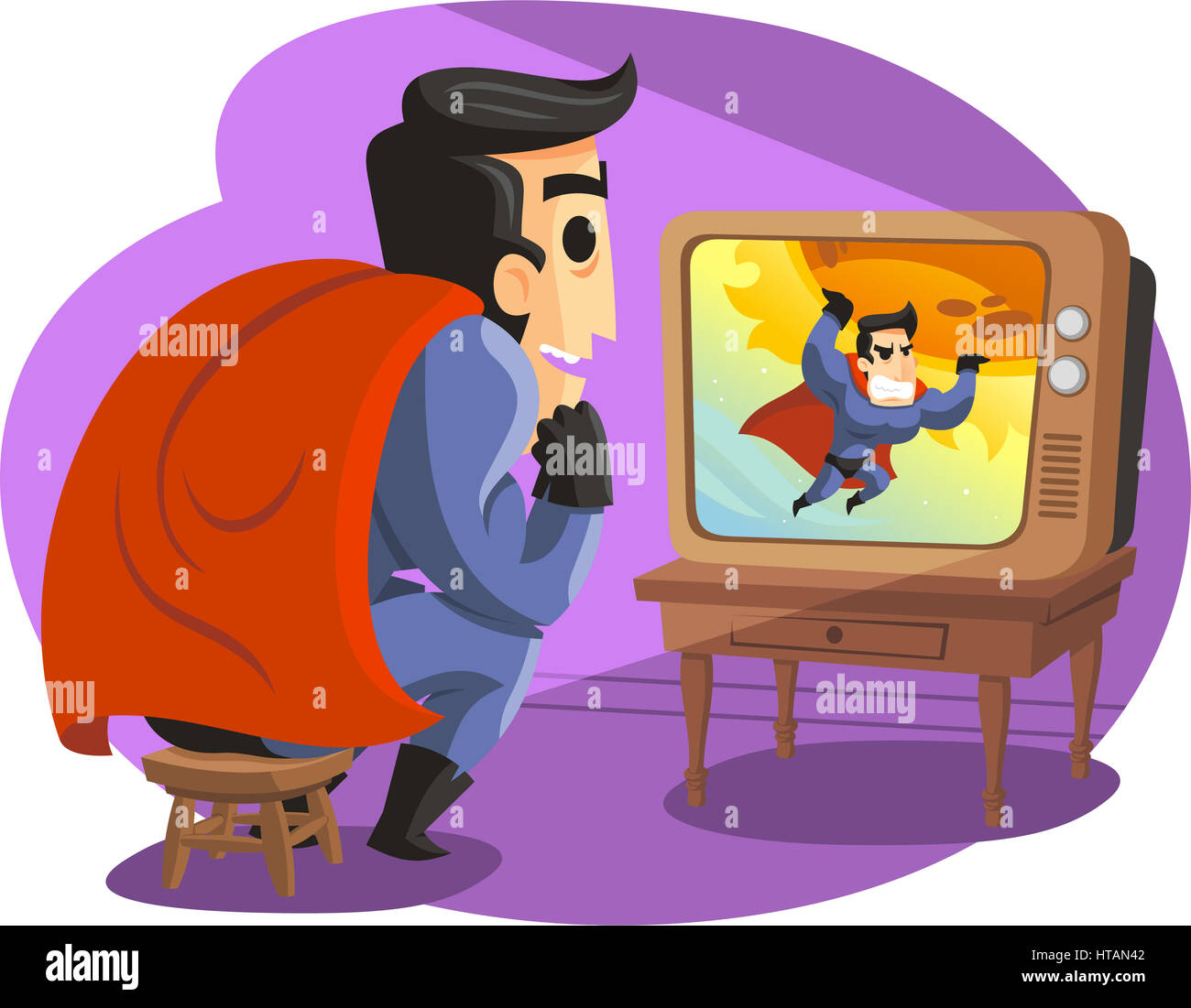 Superheroe guardando la Tv cartoon illustrazione Foto Stock