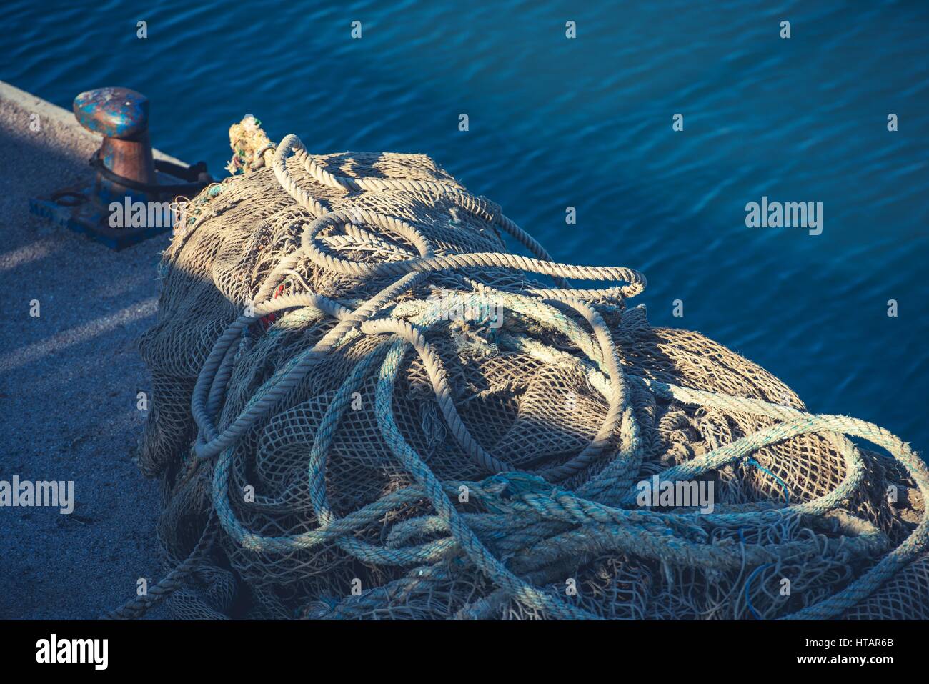 Le reti da pesca Closeup. Reti nel villaggio di pescatori di Marina. Foto Stock