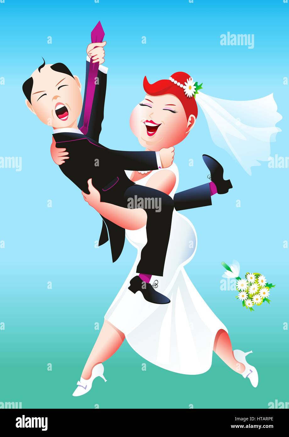 Matrimonio e il concetto di matrimonio fumetto illustrazione. Sposa portando con futuro marito sulle mani. Foto Stock