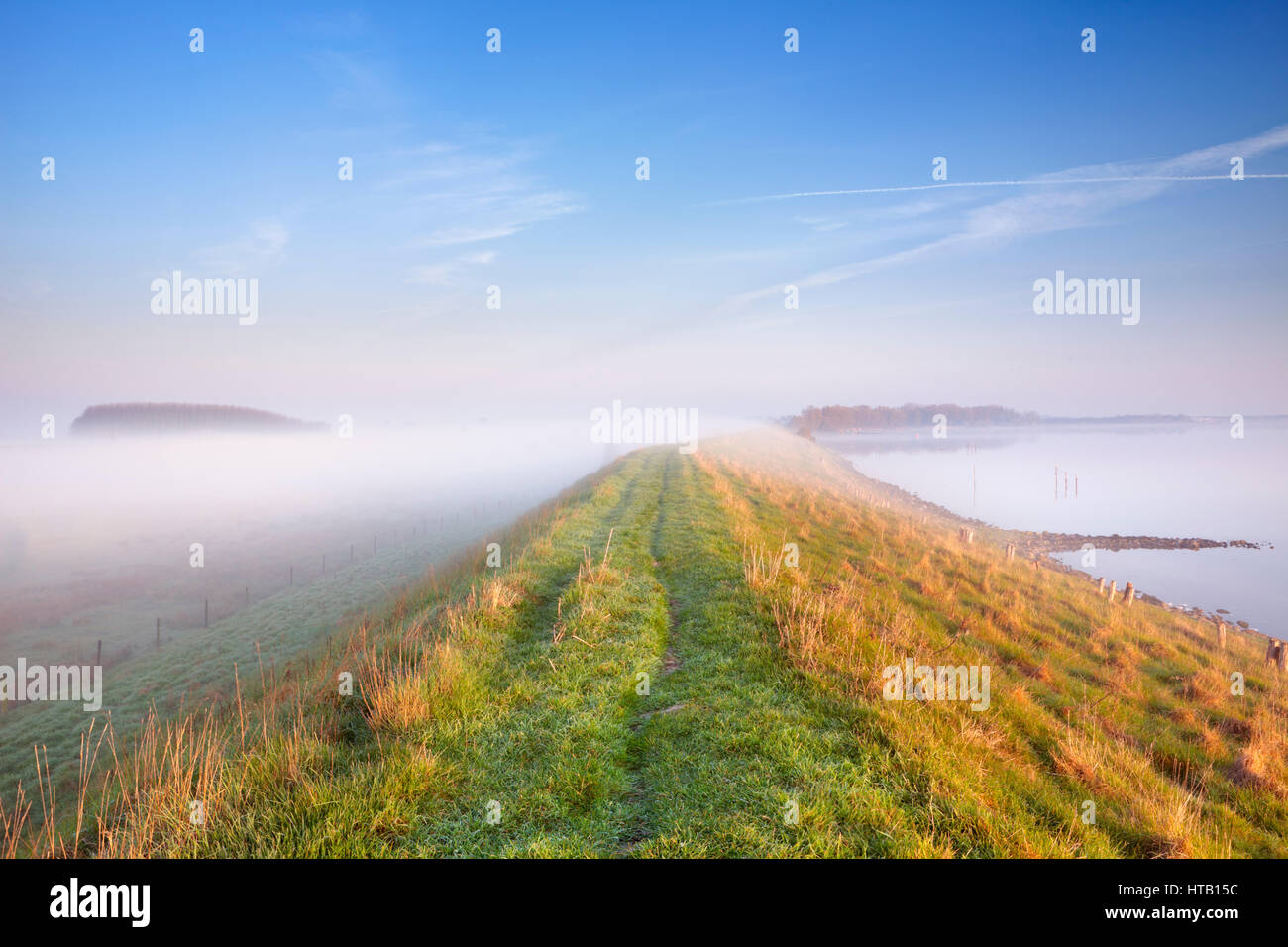 Un tipico paesaggio dei polder Olandesi con una diga lungo un lago. Fotografato alla Veerse Meer nella provincia di Zelanda su una mattinata nebbiosa. Foto Stock