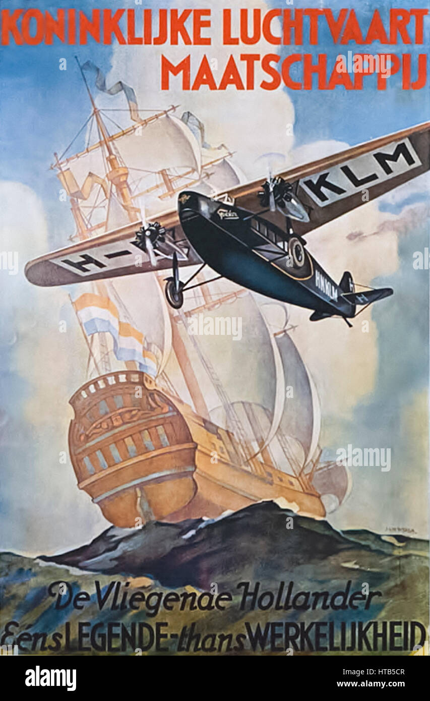 KLM vintage 1926 poster con "Flying Dutchman" e un aereo Fokker. Foto Stock