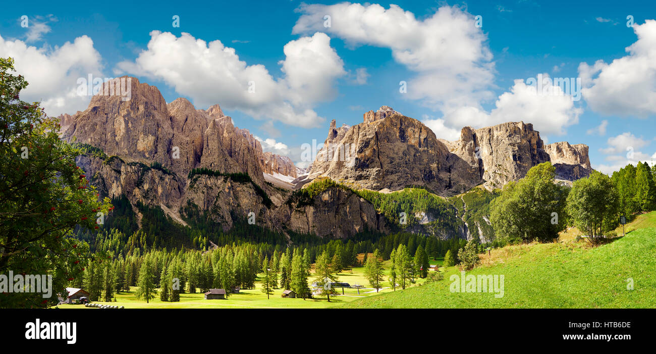 Le montagne e i pascoli della Sella altopiano nei pressi di Colfosco, guardando il monte Sassongher, Trentini, Italia Foto Stock
