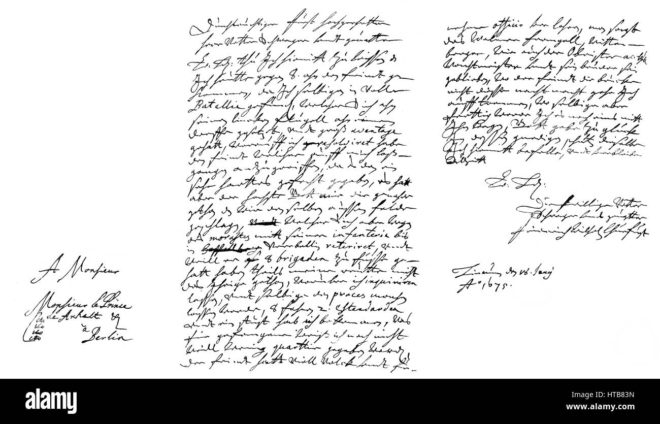 A mano la lettera scritta da Federico Guglielmo, il Grande Elettore, prima della battaglia di Fehrbellin Giugno 18, 1675 Foto Stock