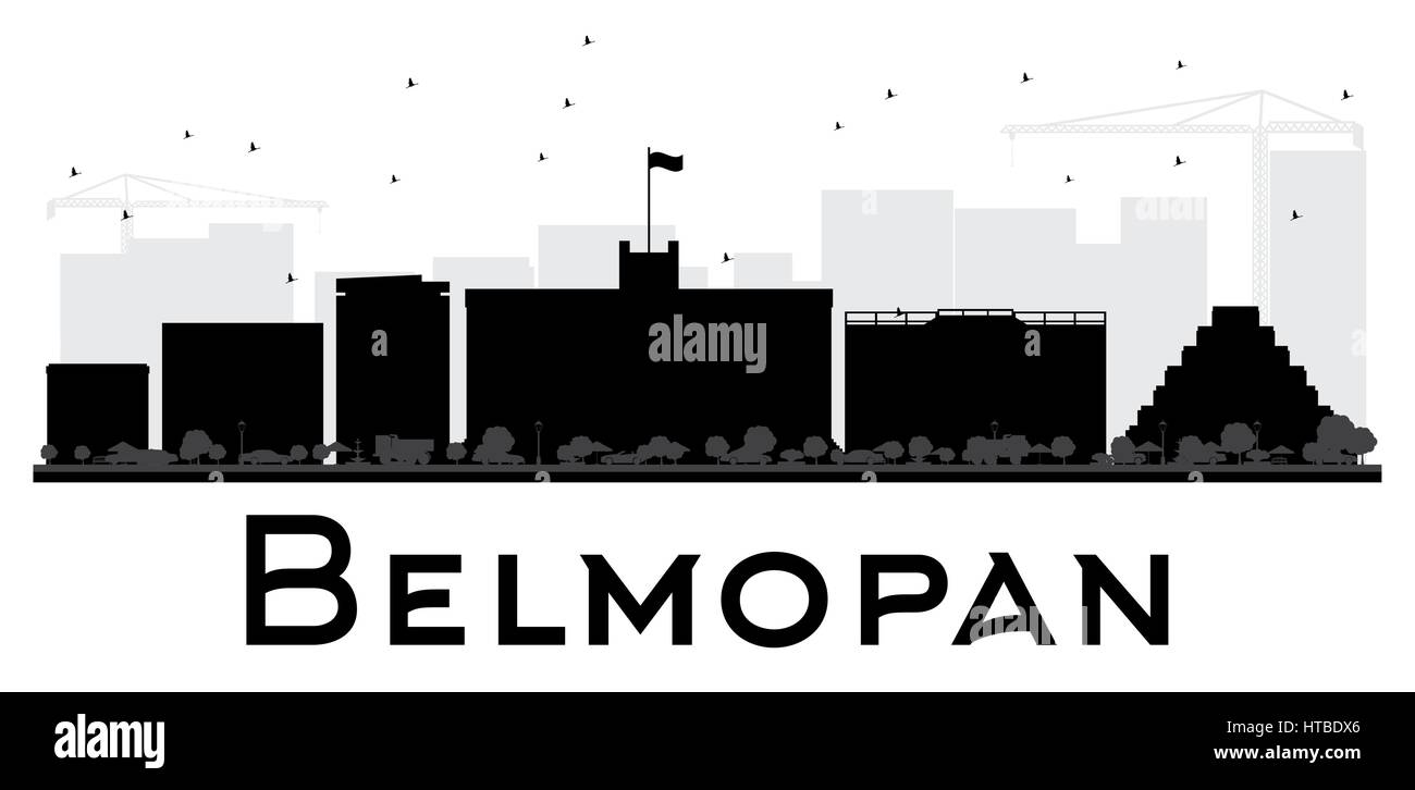 Belmopan skyline della città in bianco e nero silhouette. illustrazione vettoriale. semplice piatto concetto per il turismo presentazione, banner, cartellone o sito web. Illustrazione Vettoriale