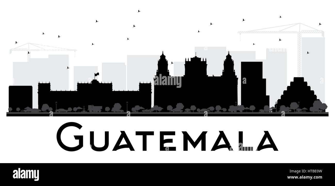 Città del Guatemala skyline in bianco e nero silhouette. illustrazione vettoriale. semplice piatto concetto per il turismo presentazione, banner, cartellone o sito web. Illustrazione Vettoriale