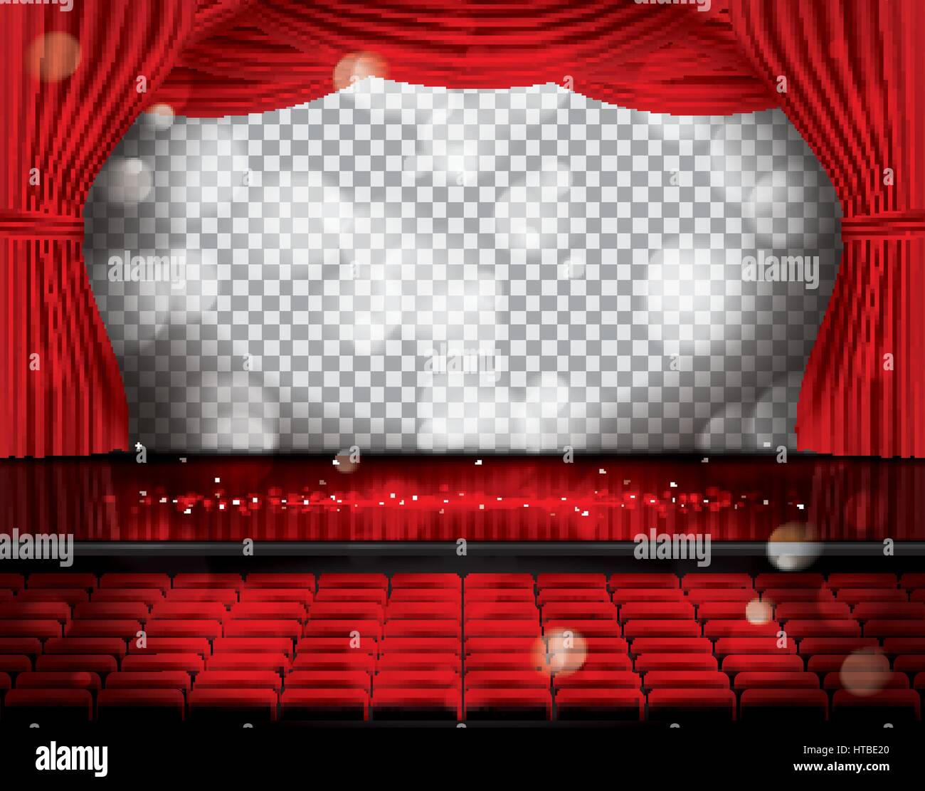 Aprire tende rosse con posti a sedere e copiare lo spazio sulla griglia trasparente. teatro, opera o il cinema scena. luce su un pavimento. Illustrazione Vettoriale