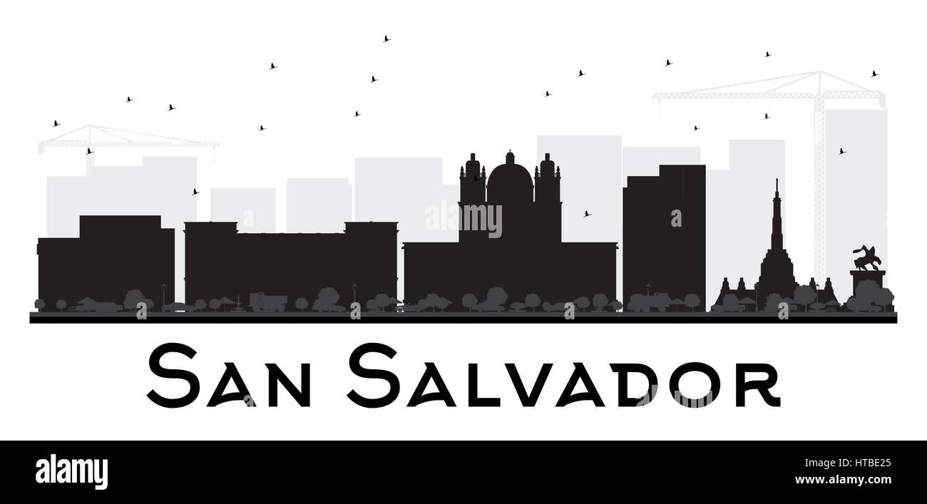 San salvador skyline della città in bianco e nero silhouette. illustrazione vettoriale. semplice piatto concetto per il turismo presentazione, banner, cartellone o sito web. Illustrazione Vettoriale