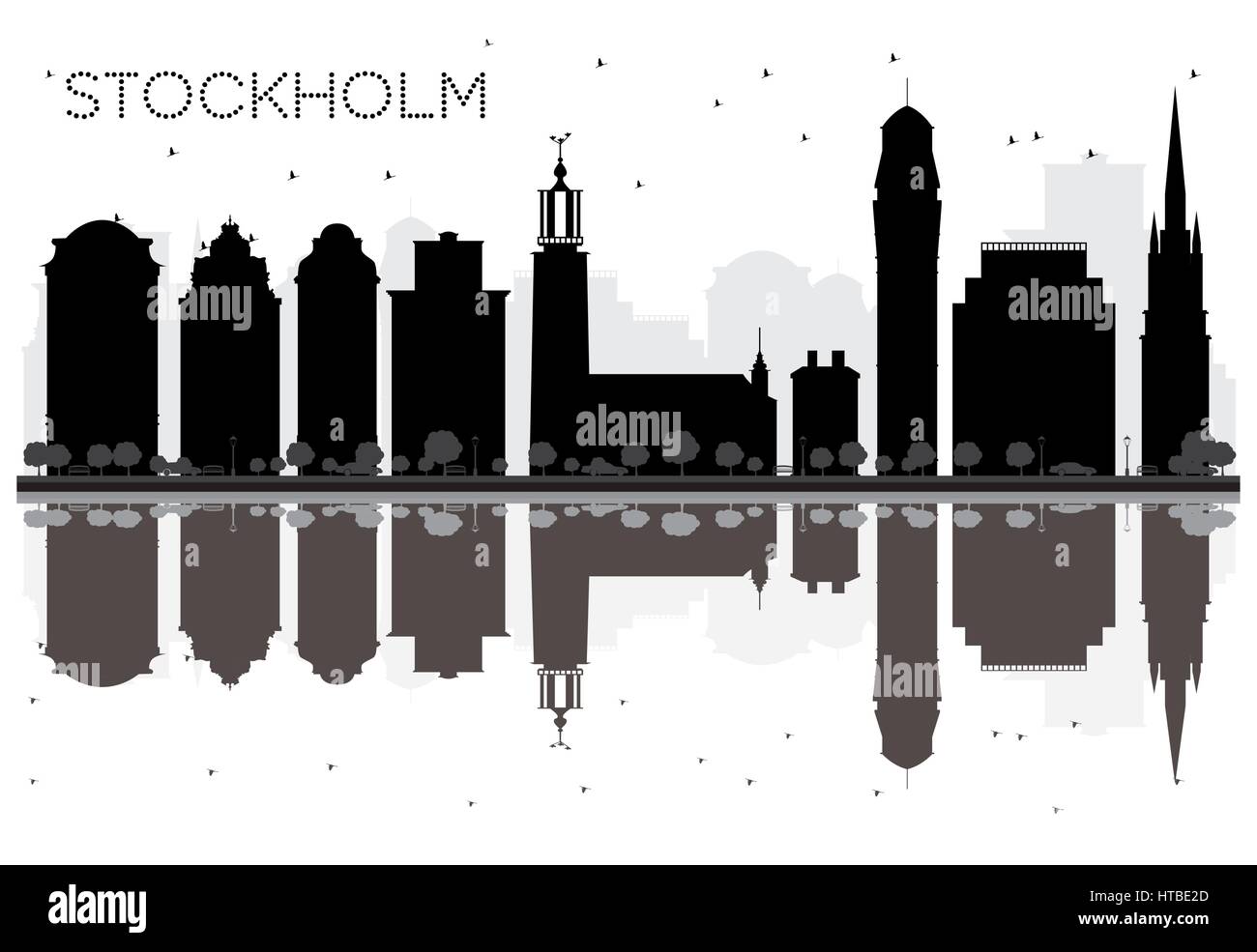 Stoccolma skyline della città in bianco e nero con silhouette riflessioni. illustrazione vettoriale. semplice piatto concetto per il turismo presentazione, banner, cartellone Illustrazione Vettoriale