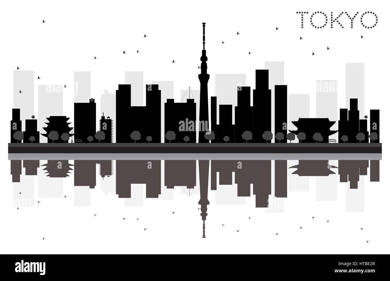 Il Tokyo City skyline in bianco e nero con silhouette riflessioni. illustrazione vettoriale. Illustrazione Vettoriale