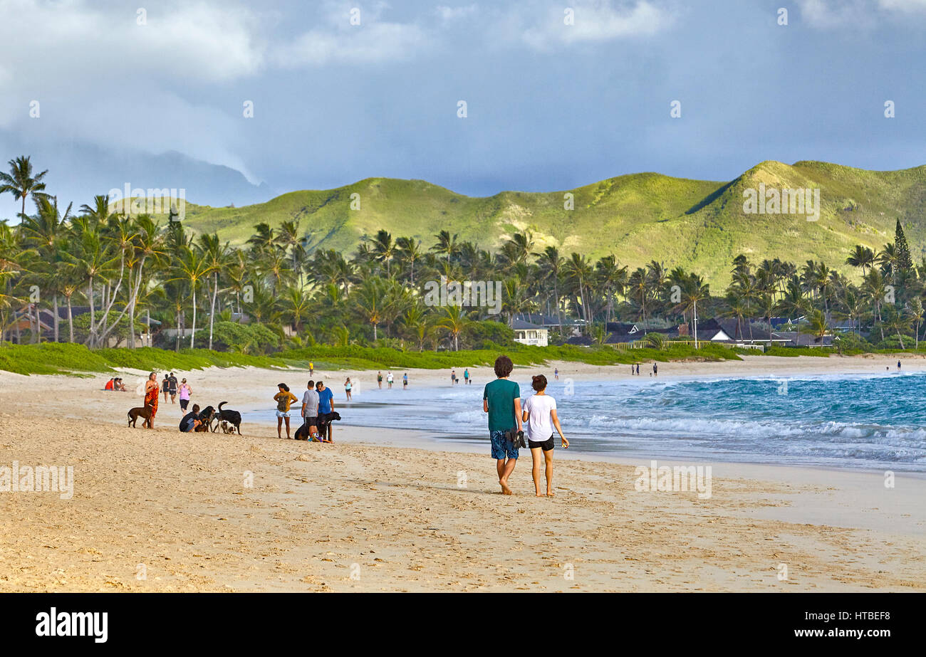 Kailua, Hawaii, Stati Uniti d'America - 30 Luglio 2016: persone non identificate raccogliere e proseguire a piedi lungo la spiaggia sabbiosa rive della Baia di Kailua in Hawaii Foto Stock