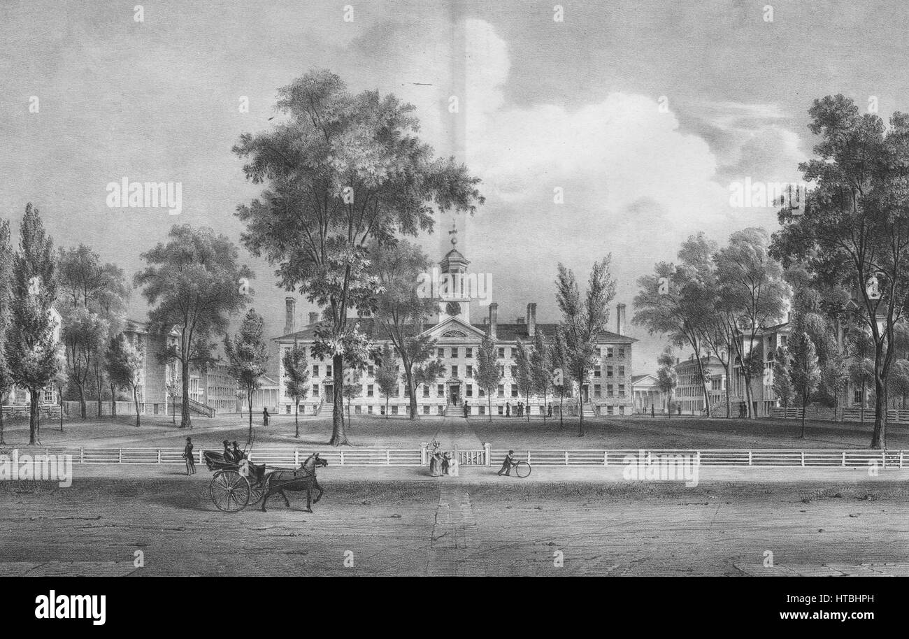 Una incisione di Nassau Hall e dintorni presso l'Università di Princeton, Princeton, New Jersey, 1837. Dalla Biblioteca Pubblica di New York. Foto Stock