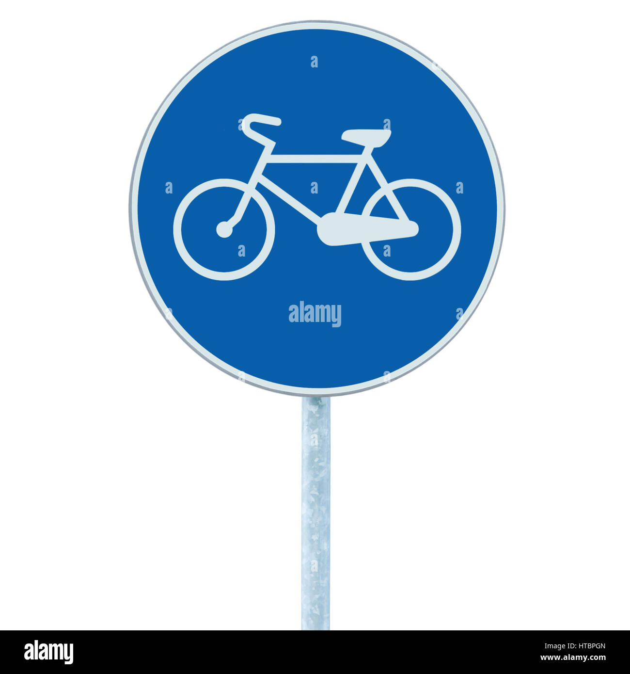 Pista ciclabile cartello stradale che indica il percorso in bicicletta,  grande rotonda blu isolato il traffico stradale segnaletica closeup, pole  post Foto stock - Alamy